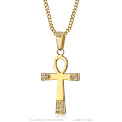 Pendentif ankh Croix de vie Femme Acier inoxydable Or Diamants  IM#23504
