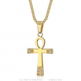 Pendentif ankh Croix de vie Femme Acier inoxydable Or Diamants  IM#23504