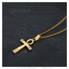 Pendentif ankh Croix de vie Femme Acier inoxydable Or Diamants  IM#23505