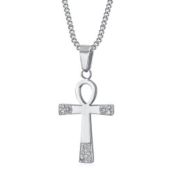 Ankh-Anhänger Kreuz des Lebens Frau Edelstahl Silber Diamanten IM#23510