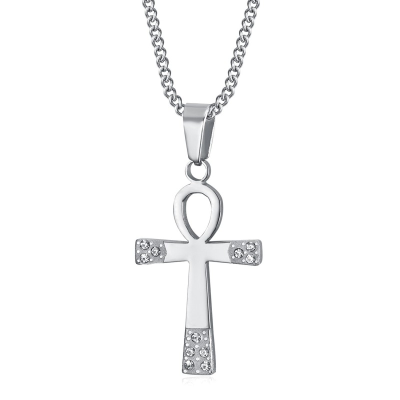 Pendentif ankh Croix de vie Femme Acier inoxydable Argent Diamants  IM#23510