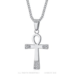 Ankh-Anhänger Kreuz des Lebens Frau Edelstahl Silber Diamanten IM#23511