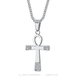 Pendentif ankh Croix de vie Femme Acier inoxydable Argent Diamants  IM#23511