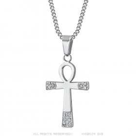 Colgante ankh Cruz de la Vida Mujer Acero inoxidable Plata Diamantes IM#23511