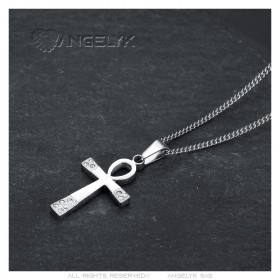 Pendentif ankh Croix de vie Femme Acier inoxydable Argent Diamants  IM#23512