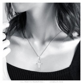 Ankh-Anhänger Kreuz des Lebens Frau Edelstahl Silber Diamanten IM#23514
