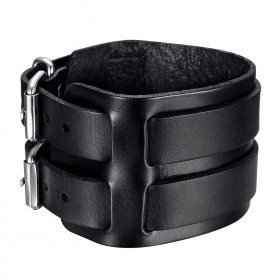 Bracelet de Force Noir Cuir véritable Acier Double 5cm  IM#23552