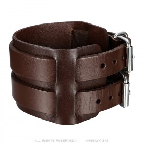 Bracelet de Force Marron Cuir véritable Acier Double 5cm  IM#23560