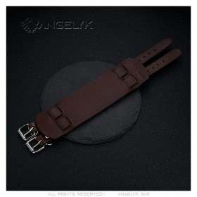 Bracelet de Force Marron Cuir véritable Acier Double 5cm  IM#23562