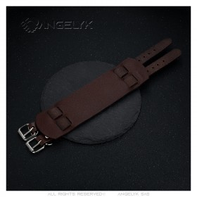 Bracelet de Force Noir Marron Cuir véritable Acier Double 5cm  IM#23569
