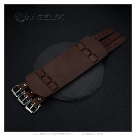 Bracelet de Force Marron Cuir véritable Acier Triple 67mm  IM#23589