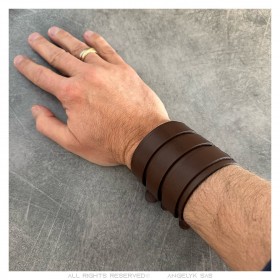 Bracelet de Force Marron Cuir véritable Acier Triple 67mm  IM#23591