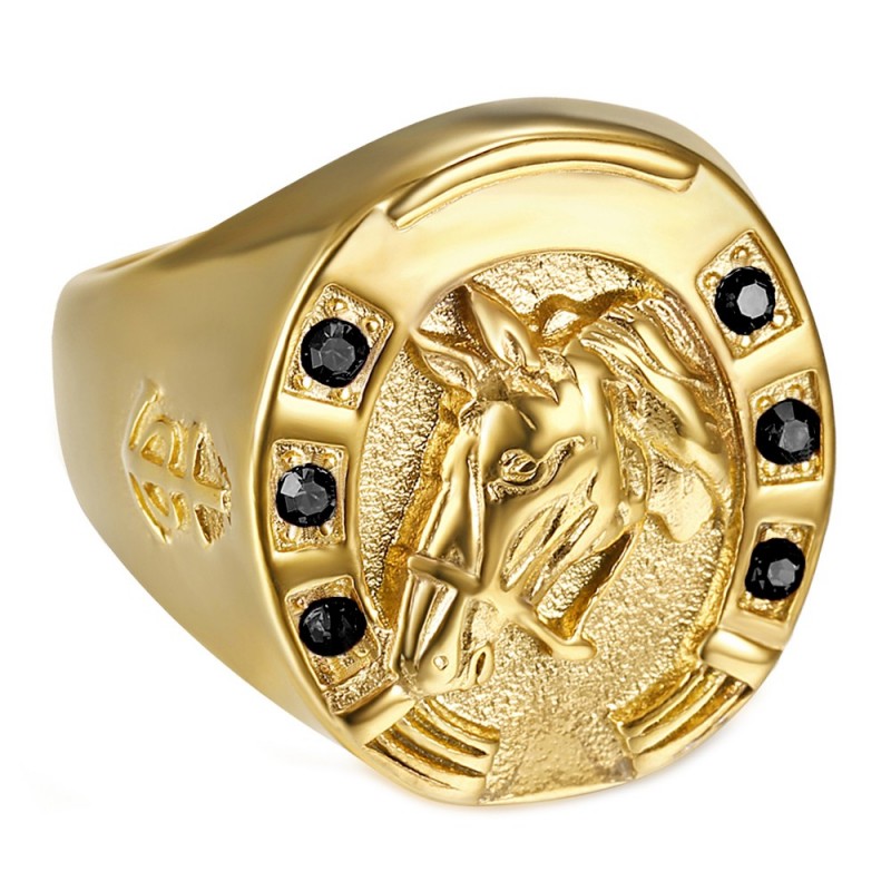 Ring Hufeisen Onyx schwarz Camargue Voyageur Stahl Gold IM#23693