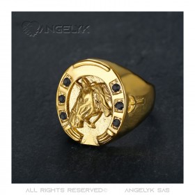 Anillo Herradura Onix Negro Camargue Viajero Acero Oro IM#23695