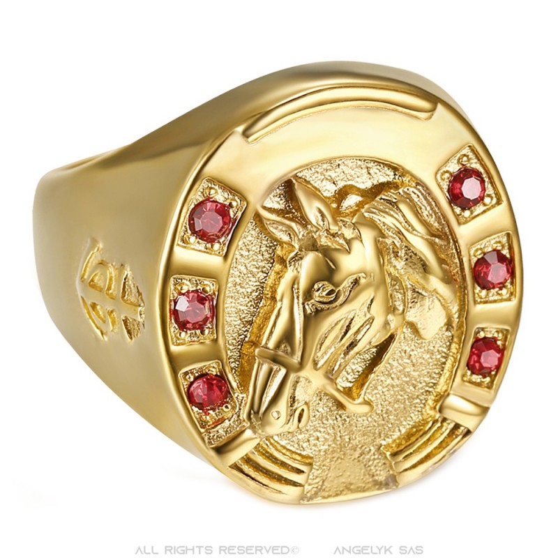 Bague cheval Camargue Voyageur rubis rouge acier et or
