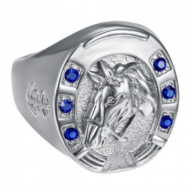 Bague fer à cheval Saphir bleu Camargue Voyageur Acier Argent   IM#23726