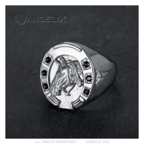 Horseshoe Ring Black Onyx Camargue Traveller Steel Silver IM#23735