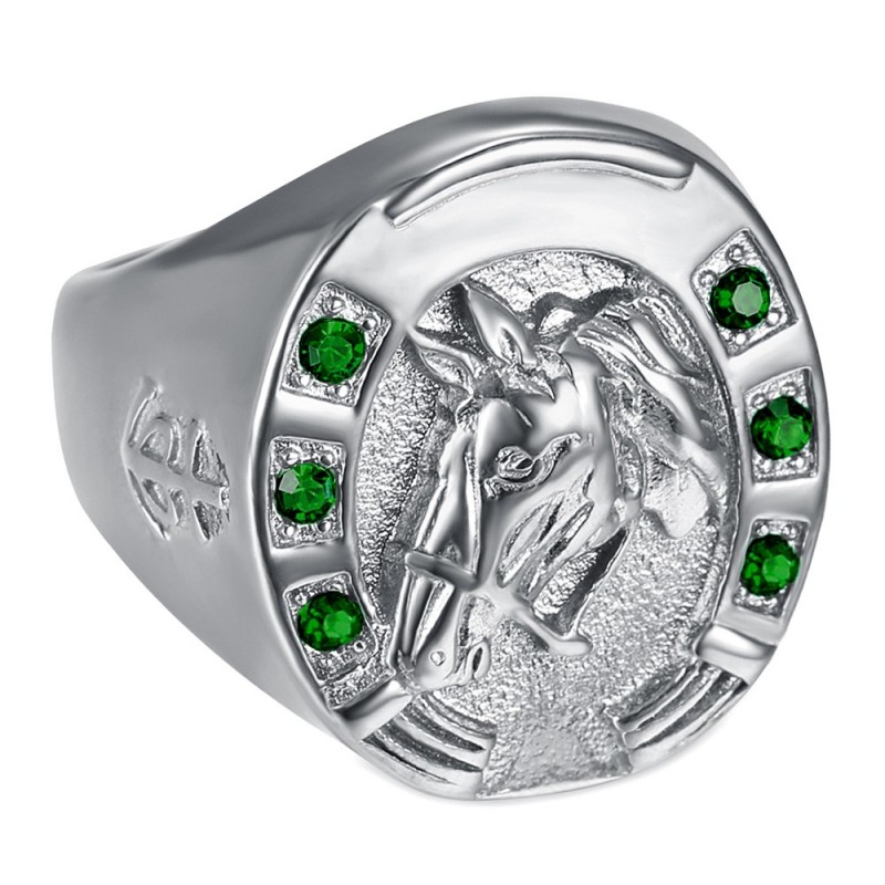 Bague fer à cheval Emeraude vert Camargue Voyageur Acier Argent   IM#23747