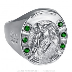 Bague fer à cheval Emeraude vert Camargue Voyageur Acier Argent   IM#23748