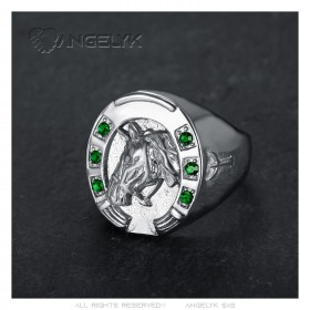 Bague fer à cheval Emeraude vert Camargue Voyageur Acier Argent   IM#23749