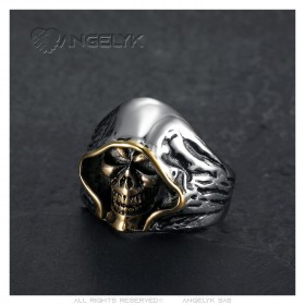 Bague Chevalière Squelette Faucheuse Cape Acier Or   IM#23769