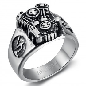 Bague biker Chevalière homme Moteur V twin Cylindre Skull   IM#23781