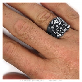 Bague biker Chevalière homme Moteur V twin Cylindre Skull   IM#23785