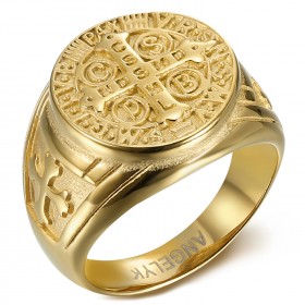 Ritter Ring Medaille Kreuz St. Benedikt Papst Stahl Gold IM#23788