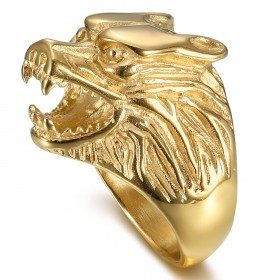 Anillo De Signet En La Cabeza De Lobo De Acero Dorado De Oro Final El Hombre   IM#23802