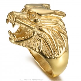 Anillo De Signet En La Cabeza De Lobo De Acero Dorado De Oro Final El Hombre   IM#23803