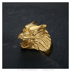 Ring Signet Head Wolf Steel Gilded Gold End Man   IM#23804