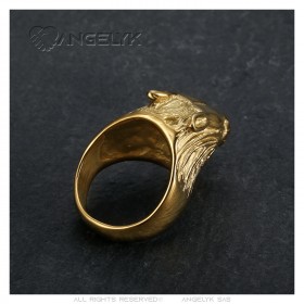 Ring Siegelring Wolf den Kopf Stahl Gold Ende Mann   IM#23805