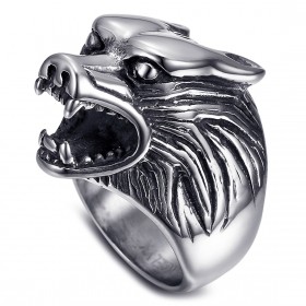 Bague loup Tête Chevalière Acier Inoxydable Argent   IM#23809