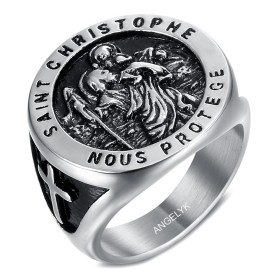 Bague Saint Christophe Patron des voyageurs Argent et Noir   IM#23834