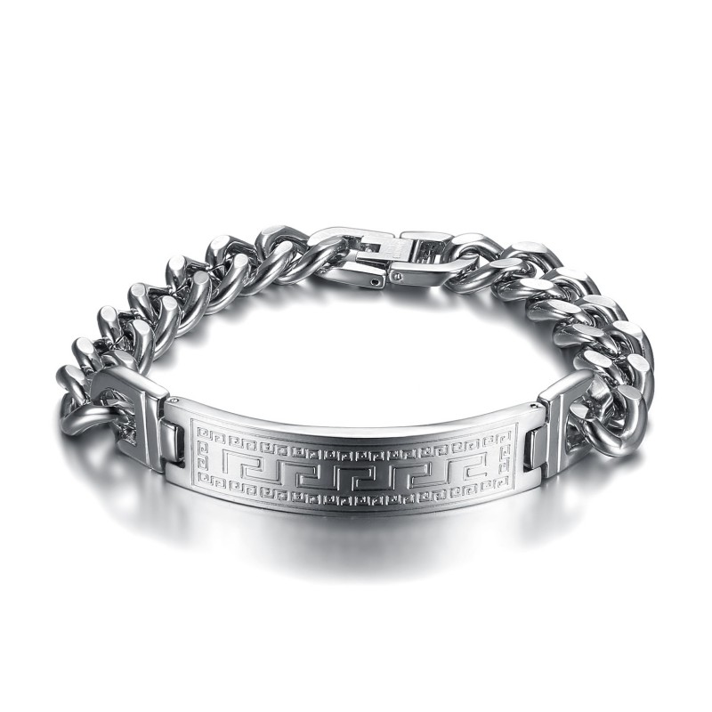 Men's Silver Curb Bracelet Greek Key Stainless Steel IM#23872