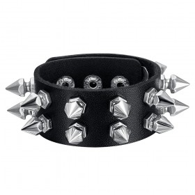 Bracelet punk de force Clouté Force 2 rangs Cuir Noir  IM#24089