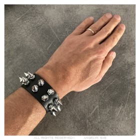 Bracelet punk de force Clouté Force 2 rangs Cuir Noir  IM#24093