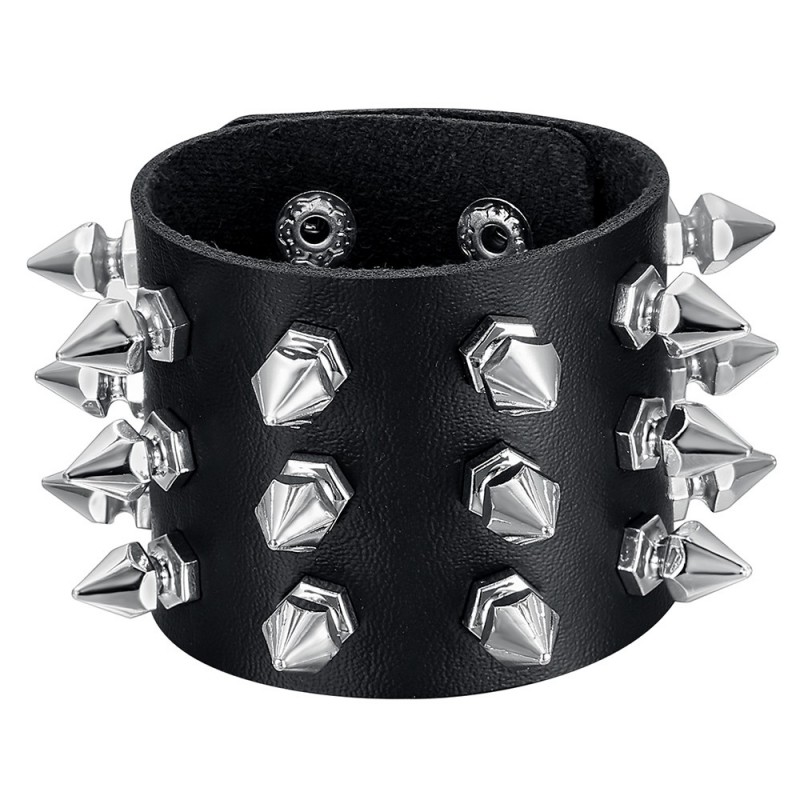 Bracelet punk de force Clouté Force 3 rangs Cuir Noir  IM#24096