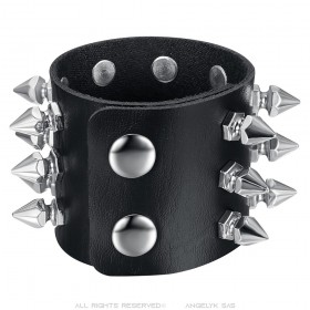 Bracciale punk con borchie Force 3 file in pelle nera IM#24097