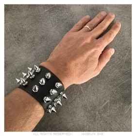 Bracelet punk de force Clouté Force 3 rangs Cuir Noir  IM#24100