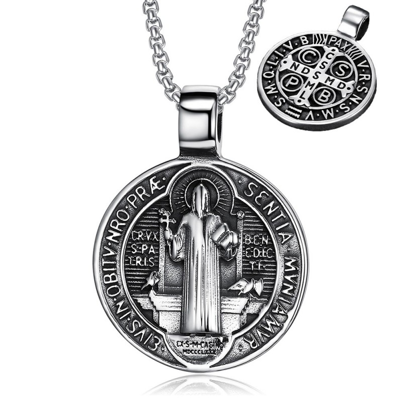 Ciondolo con medaglia di San Benedetto Acciaio inossidabile Argento IM#24179