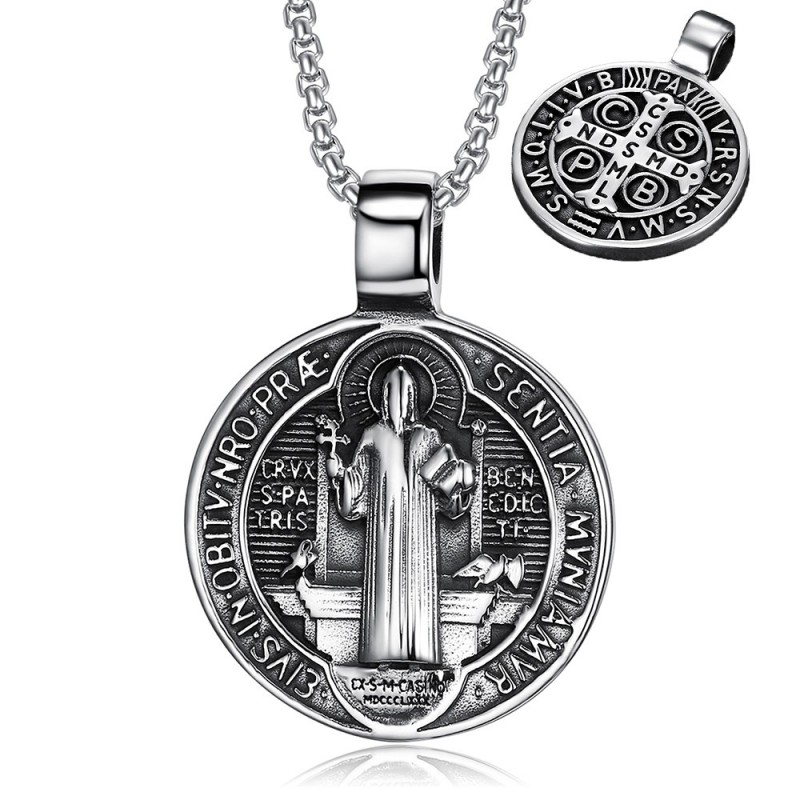 Médaille Saint Benoît en pendentif Acier inoxydable Argent  IM#24179