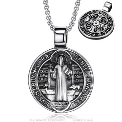 Médaille Saint Benoît en pendentif Acier inoxydable Argent  IM#24180