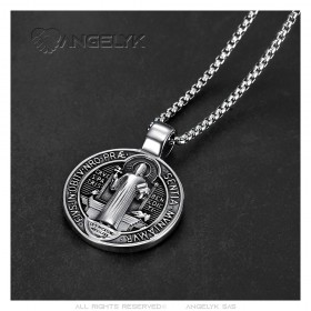 Médaille Saint Benoît en pendentif Acier inoxydable Argent  IM#24181