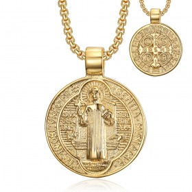 Médaille Saint Benoît en pendentif Acier inoxydable Or  IM#24185