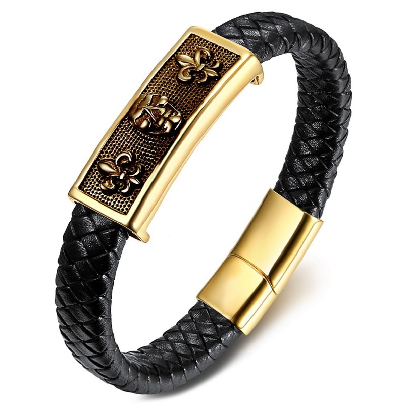 Pulsera de Cuero negro Trenzado cráneo Fleur-de-Lys Oro Hombre  IM#24192