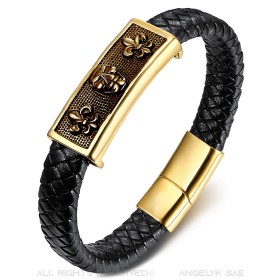 Armband Leder Schwarz Geflochten totenkopf Fleur de Lys Gold Mann  IM#24193