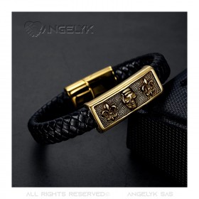 Bracelet Cuir Noir Tressé Tête de Mort Fleur de Lys Or Homme  IM#24194