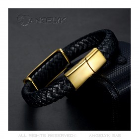 Pulsera de Cuero negro Trenzado cráneo Fleur-de-Lys Oro Hombre  IM#24195