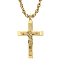 Cross with Christ Pendant Gold Steel Coffee Bean Chain IM#24227